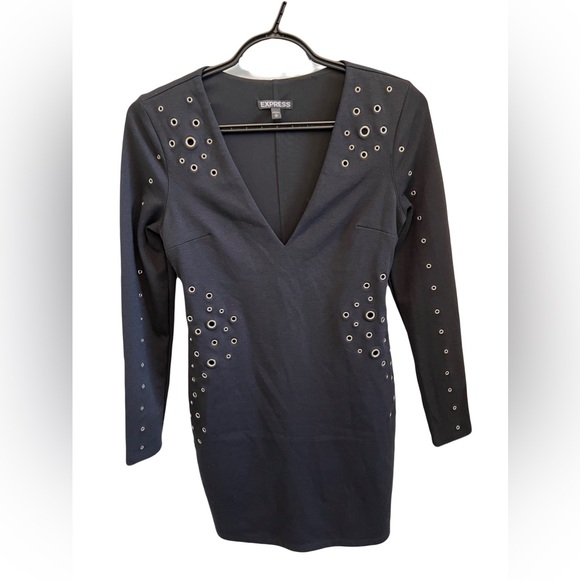Express Black Bodycon Silver Grommet Deep V Neck Long Sleeve Mini Dress Size XS - Picture 3 of 8